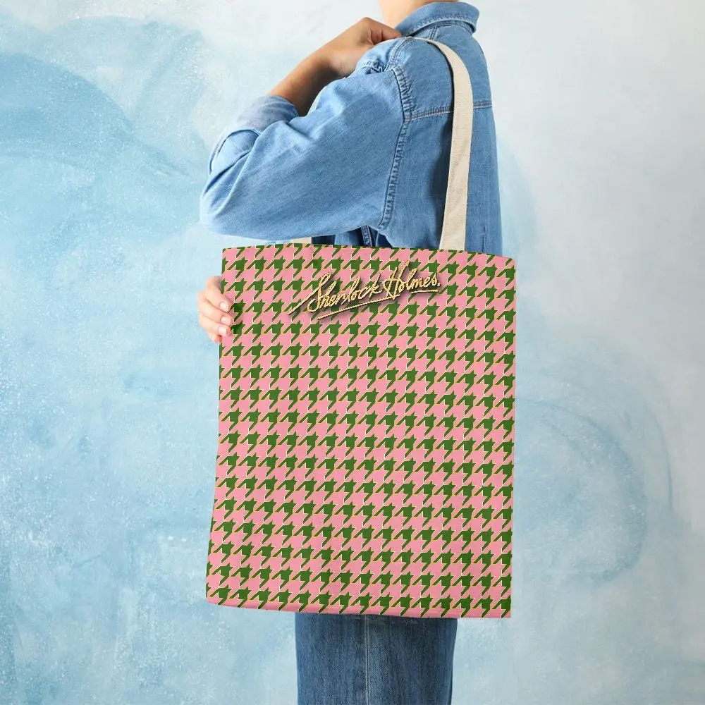 Sherlock Holmes Signature Houndstooth Canvas Tote Bag - Pink/Green - Image 5
