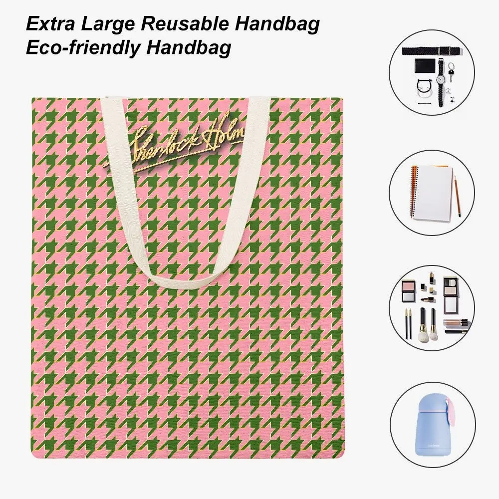 Sherlock Holmes Signature Houndstooth Canvas Tote Bag - Pink/Green - Image 9